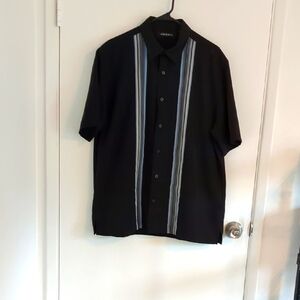 Axist Black Seven Button shirt with Black,Blue and White Stripes.Slim Fit Large